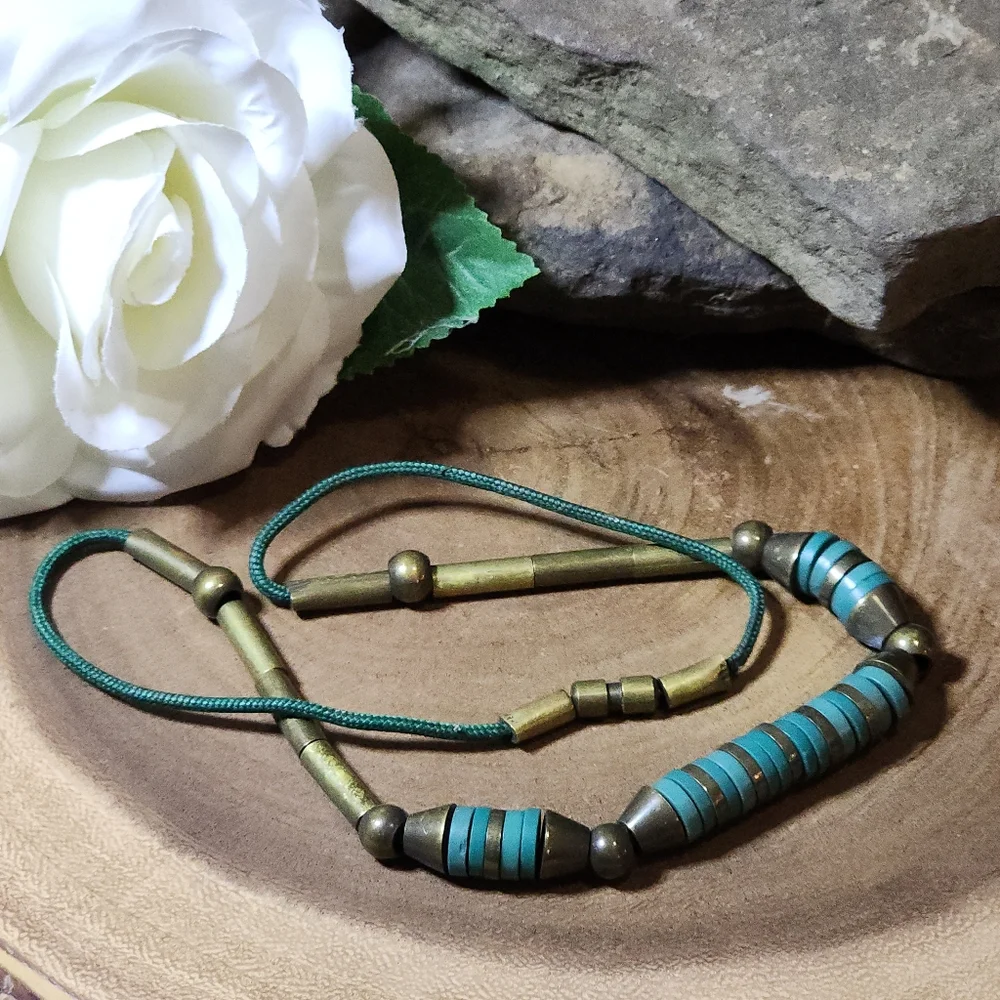 Vintage Boho Tribal Teal and Brass Metal Beaded Navajo Necklace